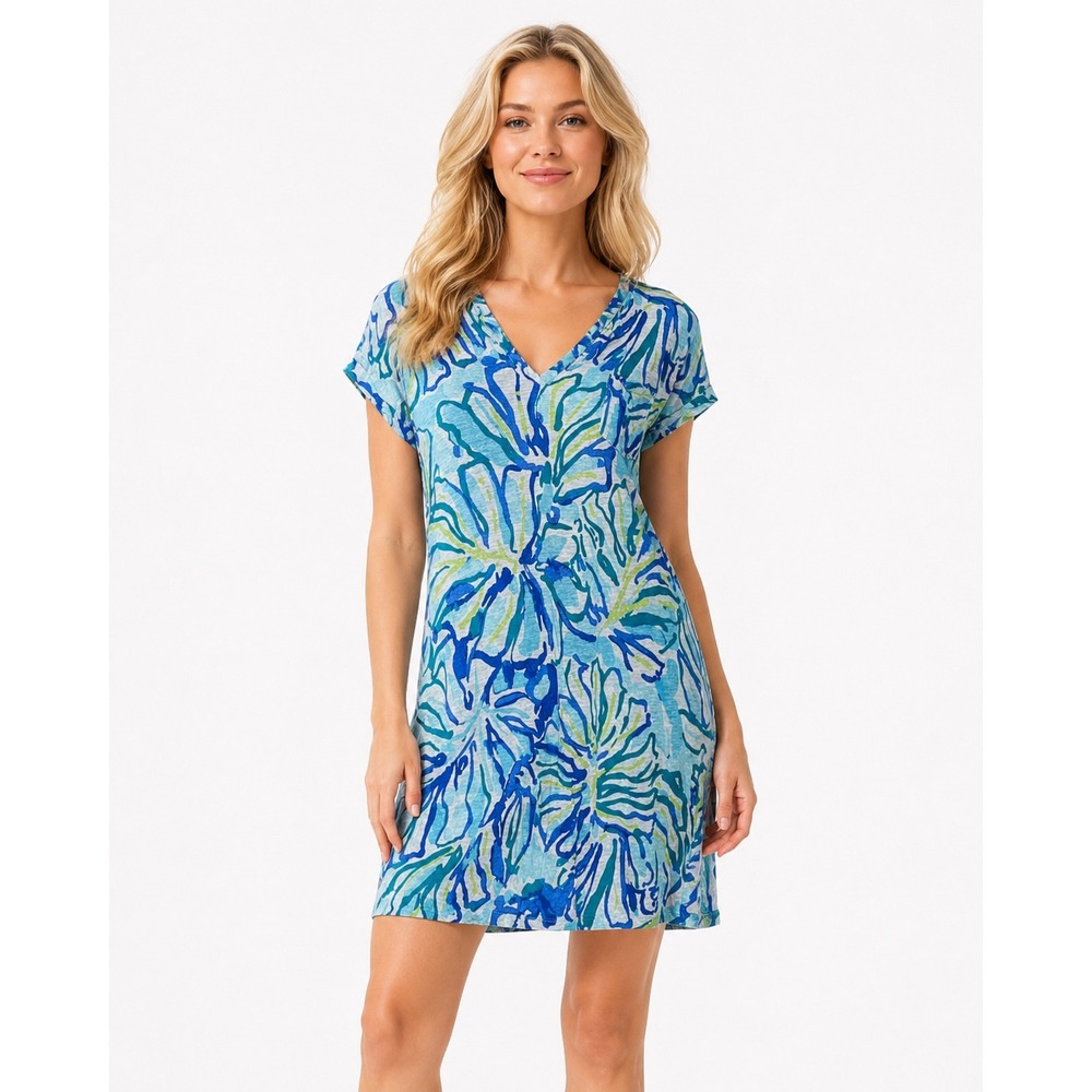 Lilly Pulitzer T-Shirt Dress Women XS Blue Green Floral 100% Linen V-Neck Pocket